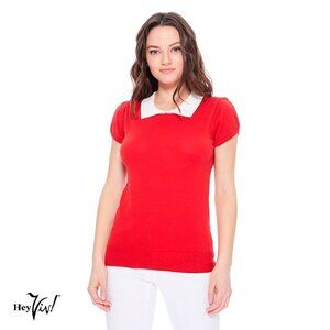 Peter Pan Collar Knit Top Red and White Short Sleeve Retro Style - Size Medium